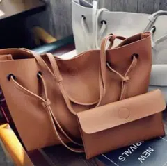 大容量☆ 軽量薄型トートバッグ　ブラウン レザー　ポーチ付き　トートバッグ