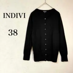 【インディヴィ】 クルーネックニットカーディガン 38 黒 ブラック 前ボタン