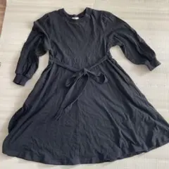 七分袖 Aラインブラックワンピース