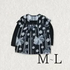 花柄 ドット チュニック 五分袖 フリル レース モノトーン レディース M〜L