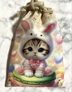 2673✨うさ耳マカロンにゃんこ✨巾着袋　両面パネル　ハンドメイド