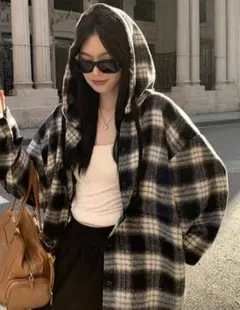 フード付きフランネルシャツ フード付きシャツ shein