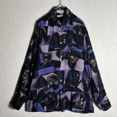 【柄シャツ】M 幾何学模様 長袖シャツ 紫 黒 アメリカ製