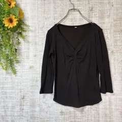 UNIQLO ギャザーデザイン Vネック 七分袖Tシャツ 黒 綿100％ M