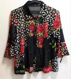 花柄　ヒョウ柄　五分袖ブラウス 昭和レトロ　透け感　黒赤
