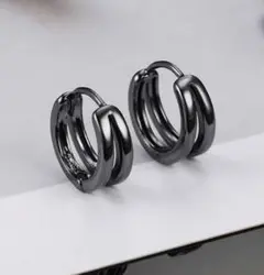 【ブラック】フープピアス　両耳　シンプル　ステンレス