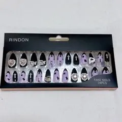 RINDON ネイルチップ 24個入り 黒紫デザイン　リボンハートビジュー