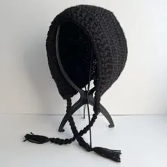 ボンネット バラクラバ ブラック 黒 フード帽 ニット帽 ハンドメイド 編み物