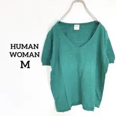 【ヒューマンウーマン】リネンコットン　カットソー　半袖　M　グリーン　カジュアル