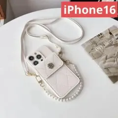 手帳型スマホケースiPhone16（ホワイト）iPhoneケース肩掛けパール31