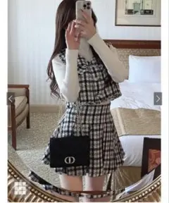 GRL dk1279 ツイードチェックベスト プリーツスカート セットアップ