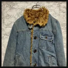 ファー付きデニムジャケット　裏地ボア　Gジャン　インディゴブルー　綿 大きめ釦