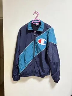 古着Champion ナイロンジャケット Sサイズ ネイビー/ターコイズ