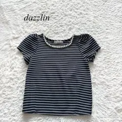 D1【ダズリン】パフスリーブブラウス　パール　ボーダー　ネイビー　上品　Mのサムネイル
