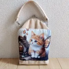 【猫の日SALE】ふんわり　がま口スマホポーチ　猫のパネル生地　ベージュ　209