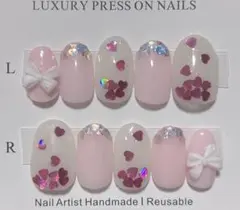 ネイルチップ ハートホロ ピンク リボン ガーリー フレンチ ラメ バレンタイン