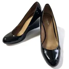 【美品】コーチ　エナメルレザー　パンプス　靴　ウェッジヒール　本革　黒色　37