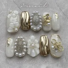No.1 オーダーネイルチップ 成人式 振袖 パール ゴールド