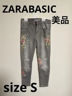 ZARA BASIC 花柄刺繍 ダメージデニムパンツ グレー