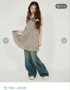 TINA：JOJUN 裾フリル ノースリーブチェックワンピース