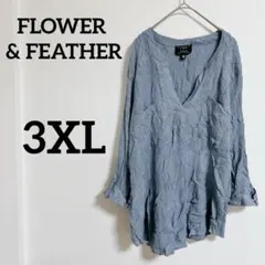 レア✨FLOWER & FEATHER 【3XL】長袖シャツ ブルー　Ｖネック
