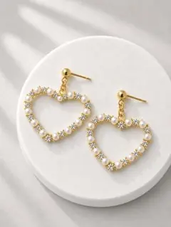 1987 ハート　パール　ビジュー　ピアス　イヤリング　ハンドメイド