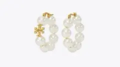 N11091G トリーバーチ　フープピアス　やや大きめ　ロゴ&パール　ゴールド色