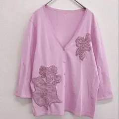 ビーズ刺繍 七分袖Vネックカーディガン ピンク 薄手 羽織 冷房対策