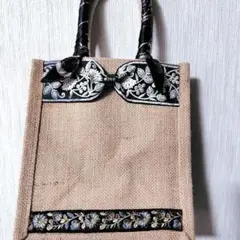 ジュートバック　インド刺繍リボンアレンジ　持ち手スカーフ付き