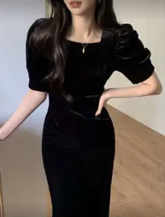 SHEIN DAZY パフスリーブベルベッドドレス