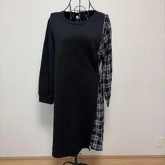 長袖膝丈ワンピース　黒スウェットと白黒チェックシャツ一体型　Mサイズ　裏起毛