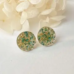 グリーン ゴールド キラキラ ピアス ステンレス 丸 【290】