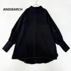 アンドサーチ 長袖シャツ ブラウス モックネック ステッチ M モノトーン