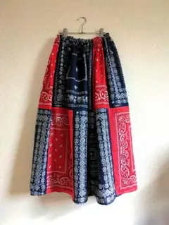 バンダナ　パッチワーク　ロングスカート　ネイビー　レッド