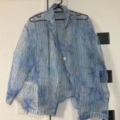 美品　FASHION PARK シースルー花柄シャツ 青と白ストライプ 羽織り