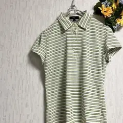 23区sport 緑と白のストライプ 半袖 ポロシャツ L バックプリント
