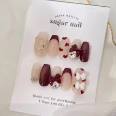 ネイルチップ ワンホンネイル 韓国ネイル ハート ボルドー リボン マグネット