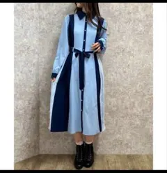 アクシーズファム　タグ付き　レース切替配色シャツワンピース　サックス