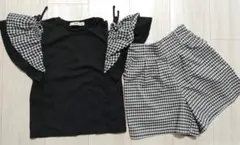 肩開きフリルTシャツ　セットアップ