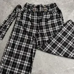 黒チェック　ロングパンツ　サスペンダー付き