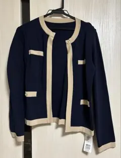 a.v.v. バイカラー ネイビー ベージュ カーディガン ノーカラー 未使用