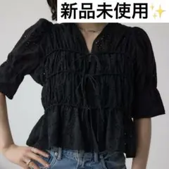 新品 AZUL by moussy ブラウス 黒 レース パフスリーブ コットン