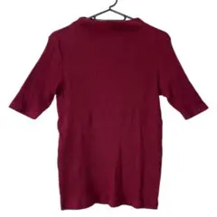 ユニクロ　リブハイネックコットンＴシャツ　5分袖　レッド　M バーガンディ