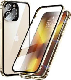 iPhone14proケース両面クリアガラスケース　金 iphoneケース