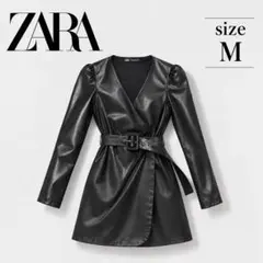 美品 ZARA ノーカラー フェイクレザー ベルト付きジャケット ブラック M