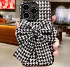 ハウンドトゥース柄リボン付きiPhone15 ケース