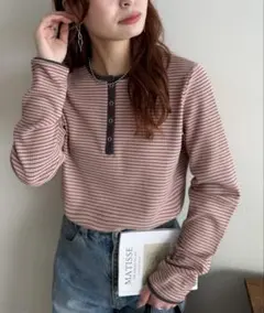 ワッフルボーダー長袖Tシャツ　ピンク