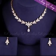 A2点セット ジルコニア ゴールド イヤリング (ピアス)& ネックレス 結婚式