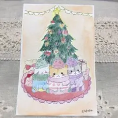 原画　水彩画　ハムスター　クリスマス　ポストカード　手描きイラスト　特厚口