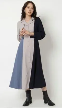 レディアゼル　配色プリーツサイドベルトワンピース　F　グレー×ネイビー×水色